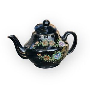 Japanese Black and Gold Painted Brown Betty Moriage Redware Teapot Vintage 1950s